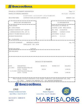 Printable Brazil Banco do Brasil bank statement excel example